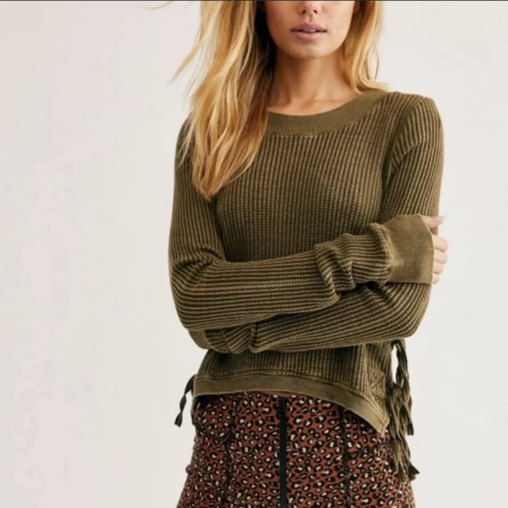 Free people olive green interlace  side tie hi-low